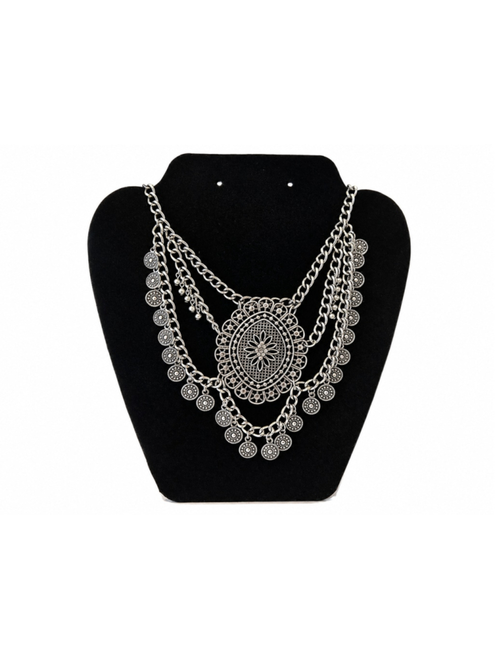 Silver Tone Boho Statement Bib Necklace Layered Chain Coin Charm Festival Jewelr